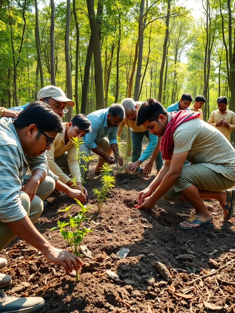 A vibrant image of volunteers planting trees in a deforested area, showcasing the organization's reforestation efforts and commitment to ecological restoration.