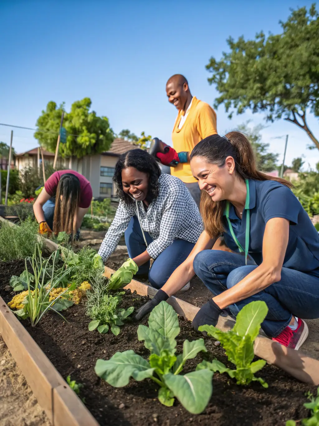 A group of diverse community members working together on a local environmental project, promoting social inclusion and environmental stewardship.