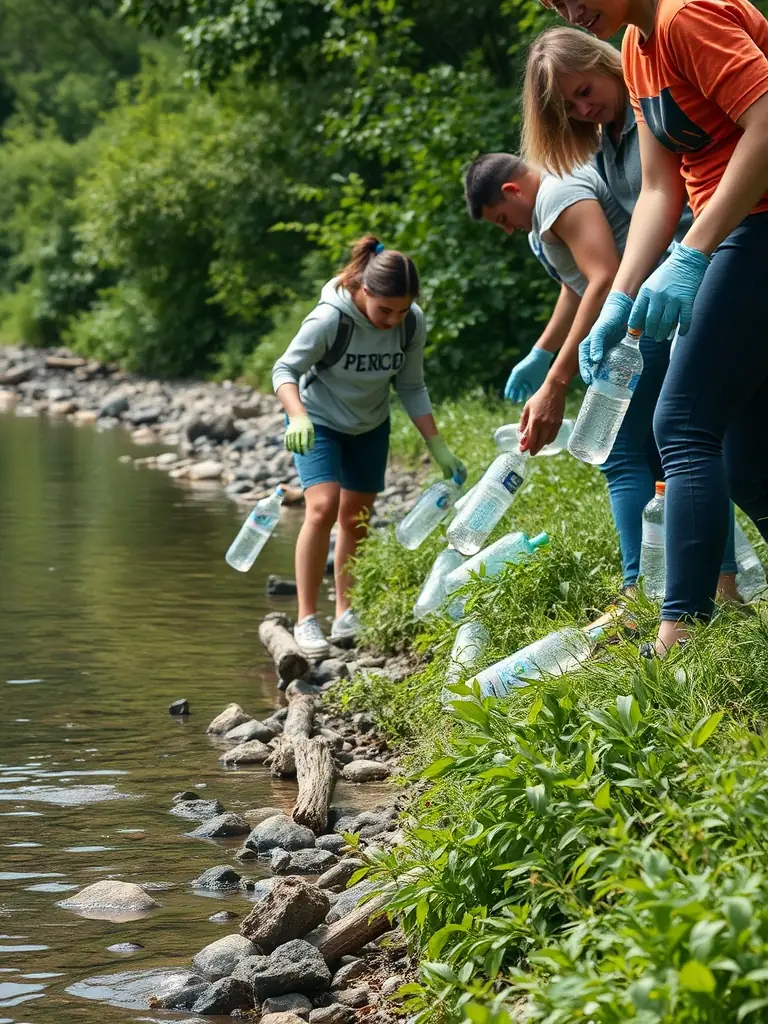 A picture of volunteers cleaning up a polluted riverbank, highlighting the organization's efforts to combat pollution and protect aquatic ecosystems.
