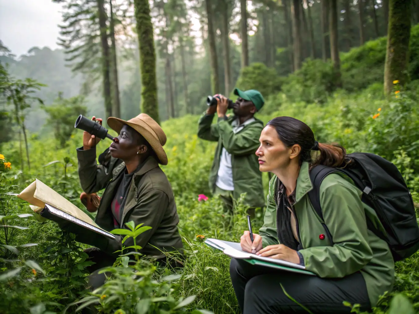 A captivating image of researchers studying local flora and fauna, emphasizing the organization's dedication to biodiversity research and conservation.