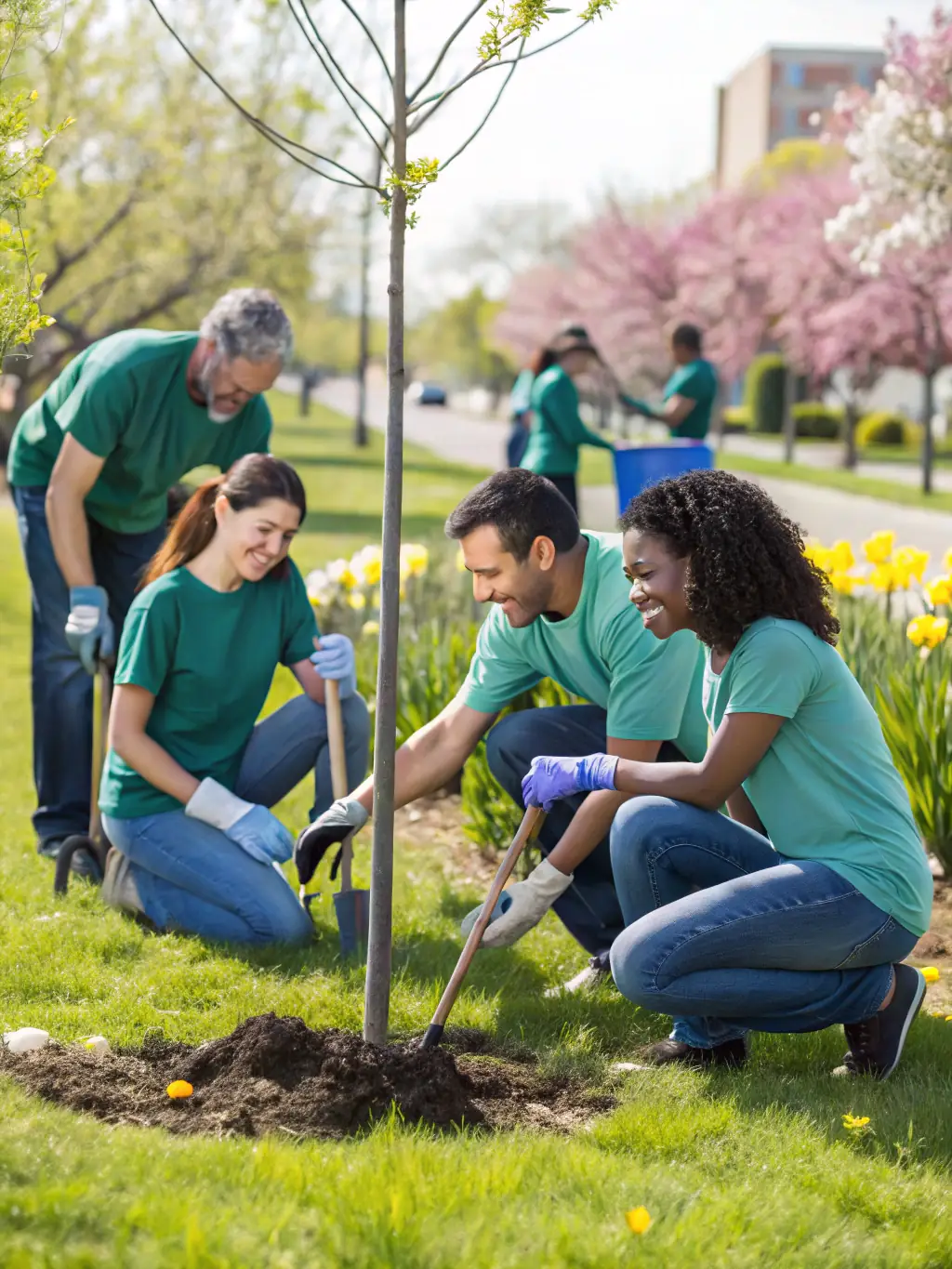 A vibrant image of volunteers planting trees in a local park, symbolizing ecological restoration efforts.