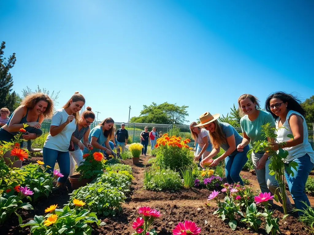 An inspiring image showing participants of a social inclusion program engaging in a community gardening activity, highlighting the organization's efforts to promote social cohesion and environmental awareness.