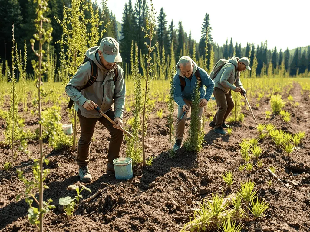 A vibrant image of volunteers planting trees in a local park, symbolizing ecological restoration efforts.