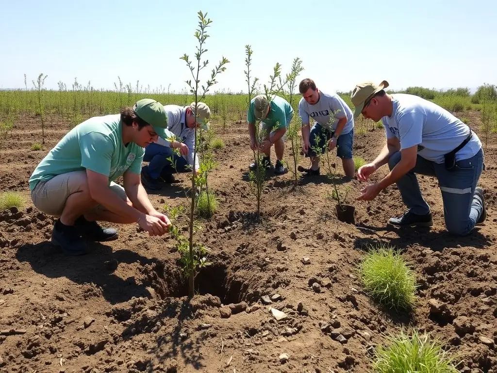 A vibrant image depicting volunteers planting trees in a deforested area, symbolizing the organization's commitment to reforestation and habitat restoration.