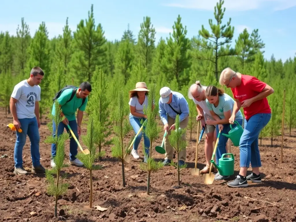 A group of volunteers planting trees in a deforested area, symbolizing reforestation efforts and environmental restoration.