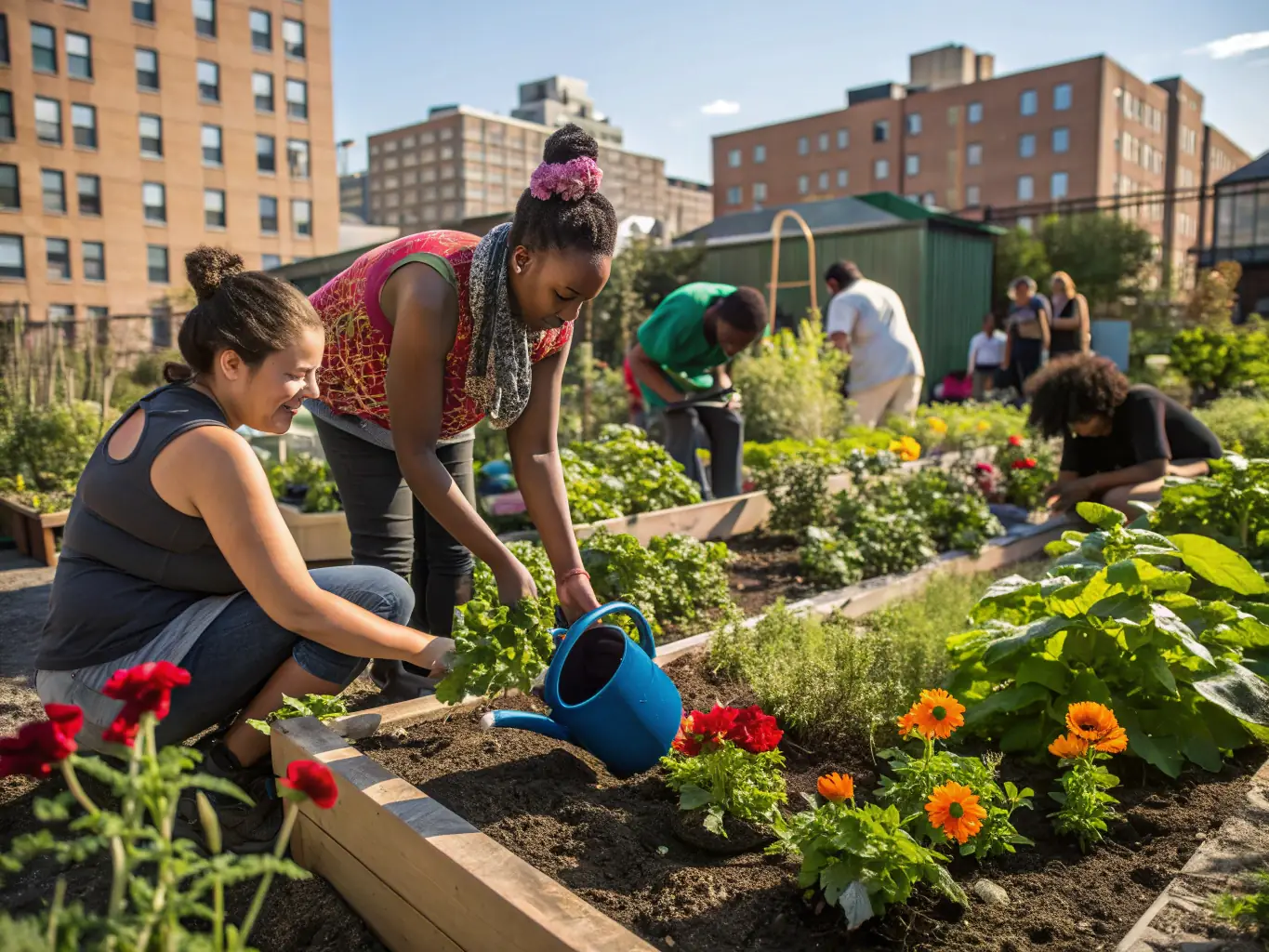 A diverse group of people participating in a community garden, highlighting sustainable agriculture and social inclusion.