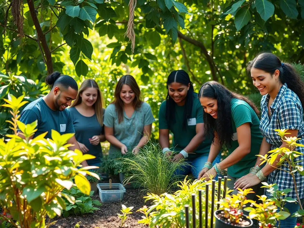 A photograph showcasing a community workshop on sustainable gardening practices, emphasizing social inclusion and ecological awareness.